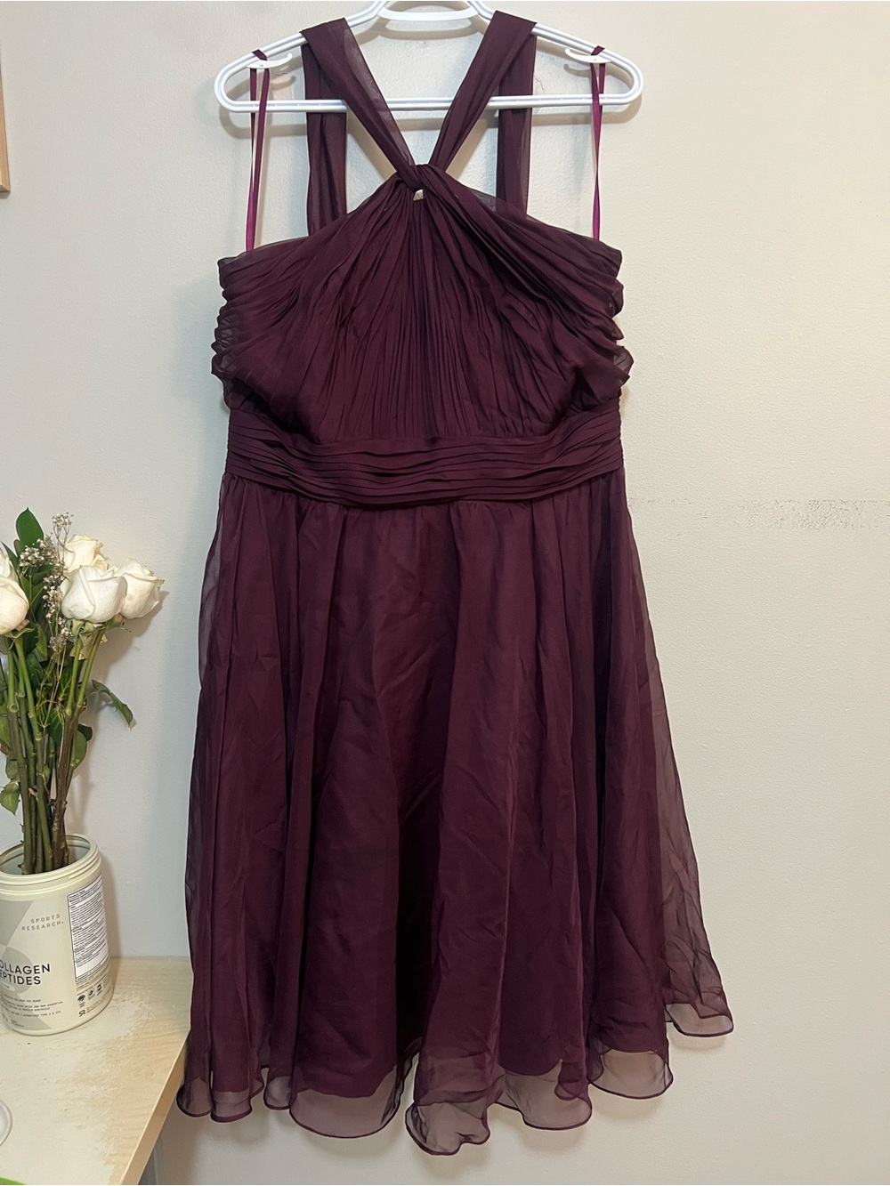 Women's Pleated Chiffon bridesmaid A-Line Dress in Deep Plum
